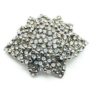 Rhinestone Encrusted Floral Brooch Silver Tone Classic Glam Bling Garden Party